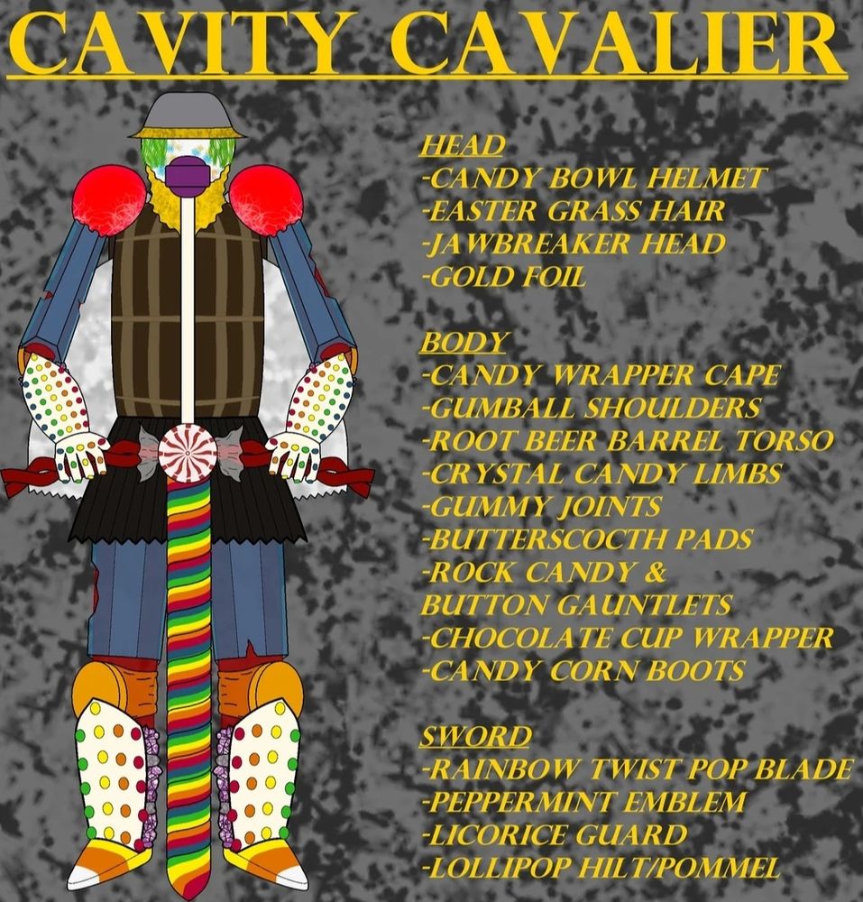 Overtop a grey and black background stands a candified version of The Knight from Dead By Daylight.

The text on this image tells us his name and describes what exactly he is made up of.

Cavity Cavalier

Head
-Candy Bowl Helmet
-Easter Grass Hair
-Jawbreaker Head
-Gold Foil

Body
-Candy Wrapper Cape
-Gumball Shoulders
-Root Beer Barrel Torso
-Crystal Candy Limbs
-Gummy Joints
-Butterscotch Padd
-Rock Candy & Button Gauntlets
-Chocolate Cup Wrapper
-Candy Corn Boots

Sword
-Rainbow Twist Pop Blade
-Peppermint Emblem
-Licorice Guard
-Lollipop Hilt/Pommel