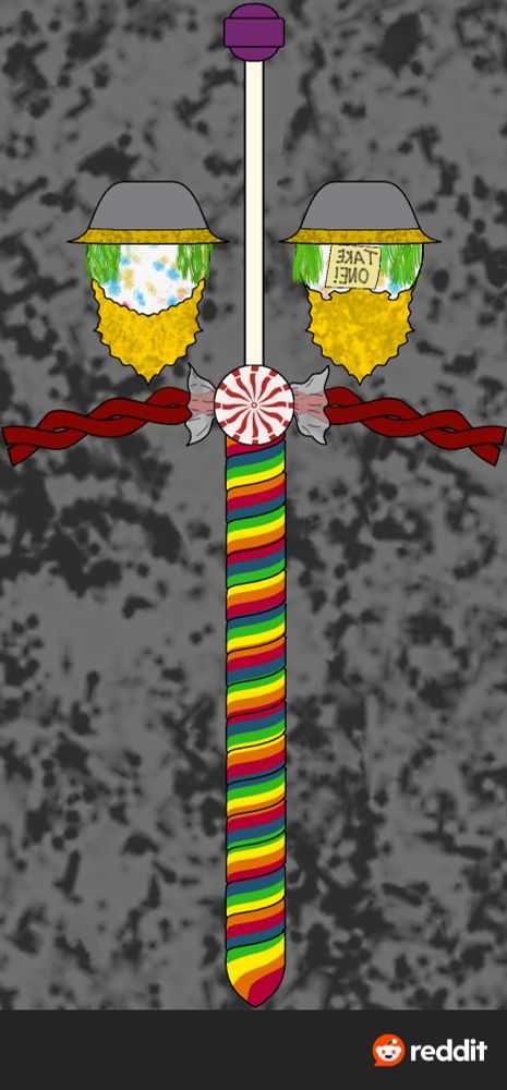 Overtop a grey and black background, a giant twisted rainbow lollipop has become a claymore with a wrapped peppermint emblem on its red licorice guard. The hilt of this massive sword is one big purple lollipop.
On the sides of the sword is the front and back view of this Knight's head, which is a jawbreaker adorned with gold foil around the neck, Easter grass hair on top, and a metal bowl with a sticky note saying "TAKE ONE!" taped to the back of it.