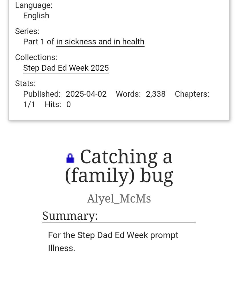 Screenshot of my fic's title, which reads Catching a (family) bug. 