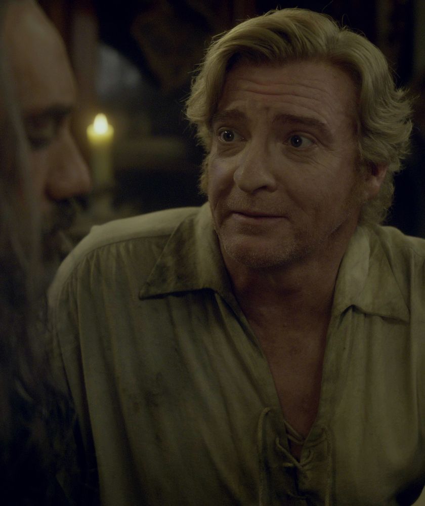From Our flag means death season 2, Stede Bonnet looking at Ed Teach in a scene from the episode Fun and Games. 