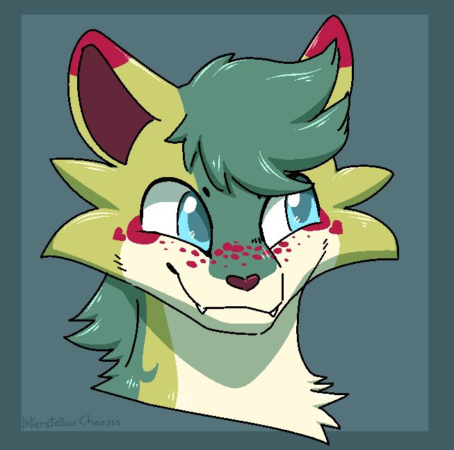 A digital drawing of a light green cat with a darker green mane, and a cream underbelly. The tips of his ears, his nose, and freckles dotted across his face are red. He's smiling, his top fangs poking out of his mouth.

Artist signature: Interstellarchaosss