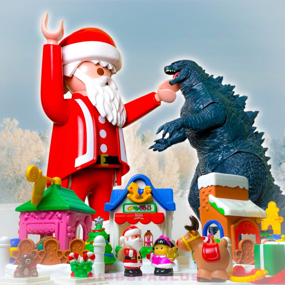 A giant Santa Claus battles giant radioactive Godzilla next to the Christmas village.