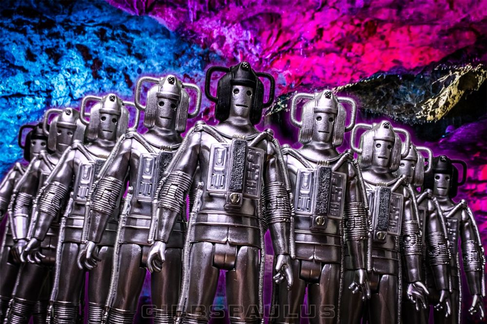 An army of silver humaoid cyborgs, in Wookey Hole caves.

Cybermen
Doctor Who