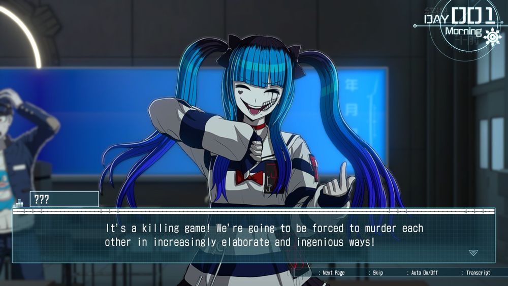 A blue-haired girl in a visual novel with the art style of Danganronpa says, "It's a killing game! We're going to be forced to murder each other in increasingly elaborate and ingenious ways!" She looks happy about this revelation.