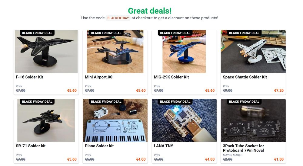 Screenshot of the Lectronz.com marketplace showing the Phyx solderkits being 20% discounted while stocks last