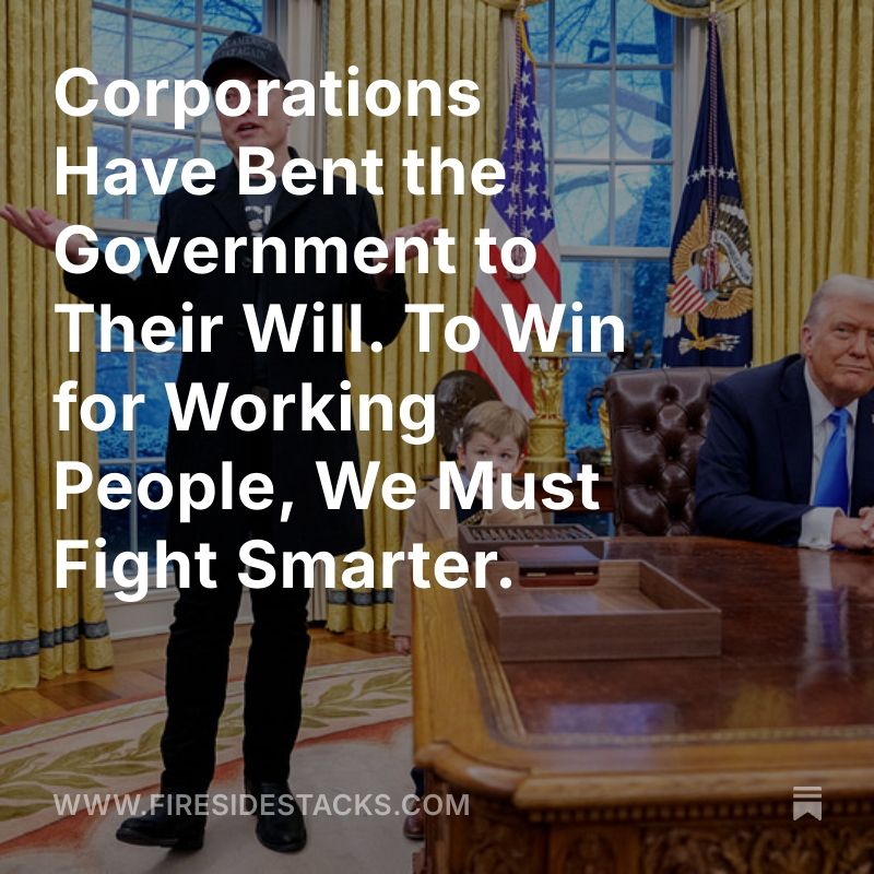 U.S. President Donald Trump standing in the Oval Office, with a bold caption about corporations and government overlaid on the photo.