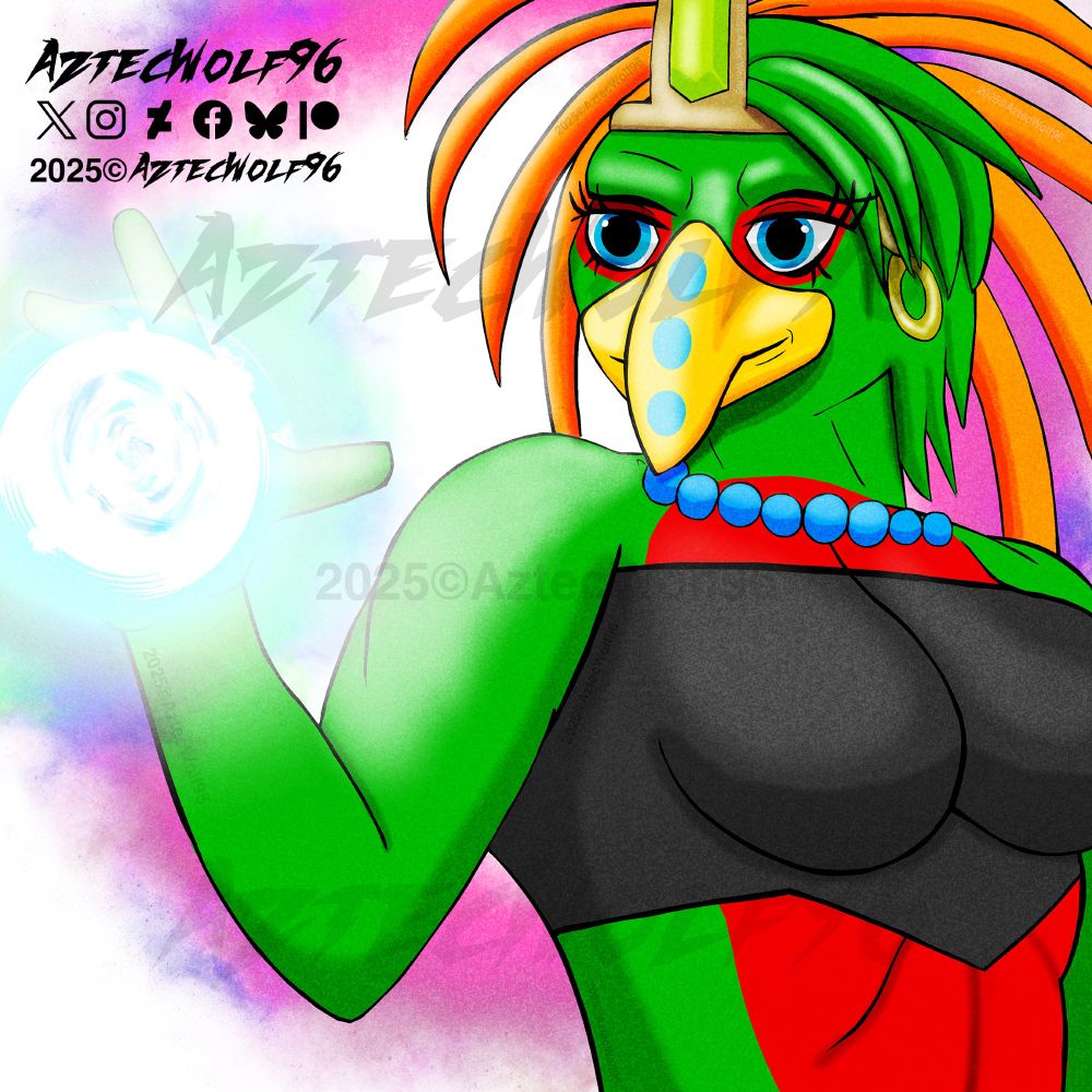 Hi! She is Quetzal, a unique type of elite Mexica warrior; she may not use weapons, but using her energies and turning them into weapons of attack and defense is what makes her different. She comes from the jungle, far southeast of Tenochtitlán. She wasn't a trained warrior, but she was promoted to elite warrior after saving the three main warriors. Sometimes her innocence makes her seem a little distracted by whatever interests her. But when using her energies, she focuses all her attention on crafting them effectively. Quetzal enjoys affectionately petting the warriors and the emperor, which makes them a little uncomfortable. However, Cuauhtli feels empathy for Quetzal, and she's the only person Cuauhtli lets himself be loved by. Aww… that’s cute! :3

Ok warriors!, the next one is the last one of the Elite Warriors that we are gonna to start the (now corrected, sorry) “Great Tlatoani”!! , I hope you like it!, Give it a Like and Comment if it is!, Keep in touch warrior!, TLAZOHCAMATI 🙏

Quetzal is made by me
>Prohibited unautorized reproduction, use, & copy of the character, 
either partially or completely<