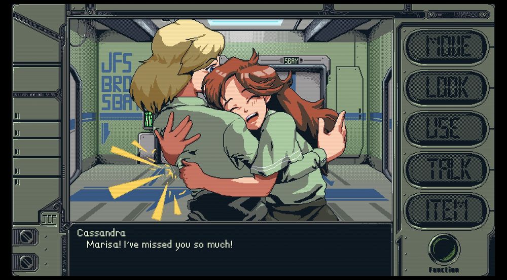 Stories from sol the gun dog screenshot

Cassandra is hugging the protagonist and says

Marisa ive missed you so much