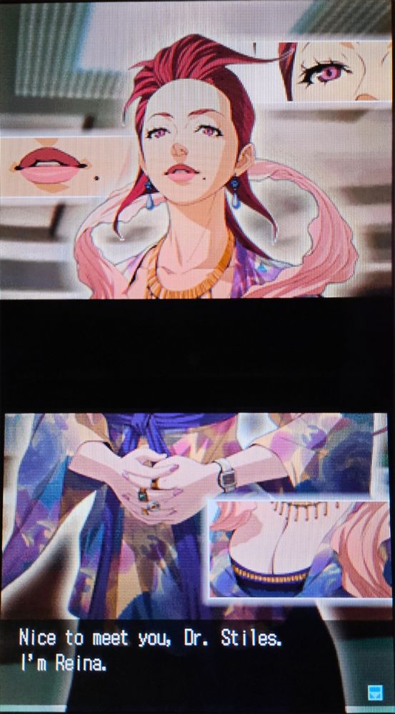 Under the knife 2 screenshot.

A CG of a character called Reina, you see her face on the top screen and her body on the bottom screen. But you can't see her breasts, oh no! But thankfully, Atlus was smart and gave us a close-up of her chest. I mean, we also get a close-up of her eyes and mouth, but I don't think anyone cares.