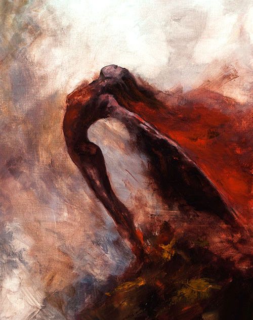 A majority red oil painting of a person leaning forward towards the left side of the composition, arms outstretched like wings.