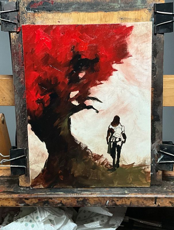 Wip oil painting with a bright red tree, dark tree trunk and a half-painted soldier walking in the distance