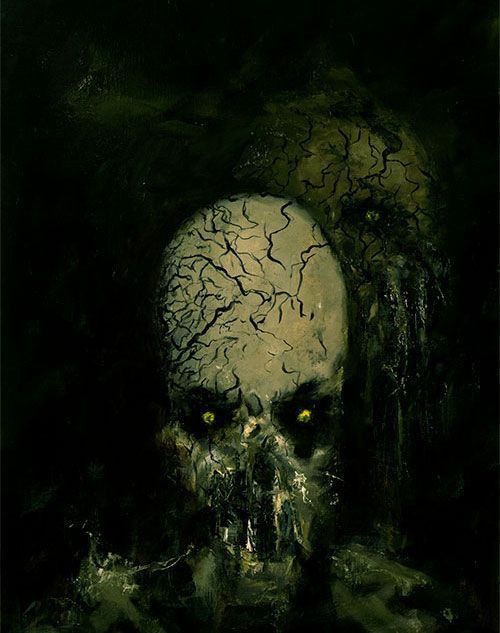 An oil painting of a green face, skull-like in appearance, decrepit and staring. It has black cracks working across the surface.