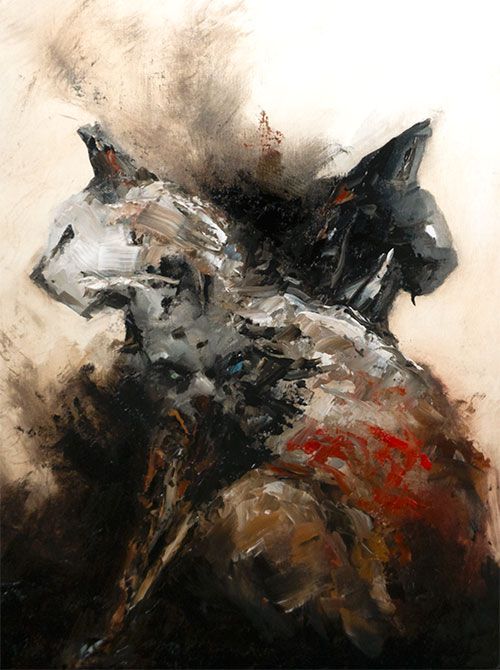 Creepy cat oil painting featuring a cat with three heads. There is a light cat, dark cat and a mixture of the two.  The painting was mainly created using a palette knife.