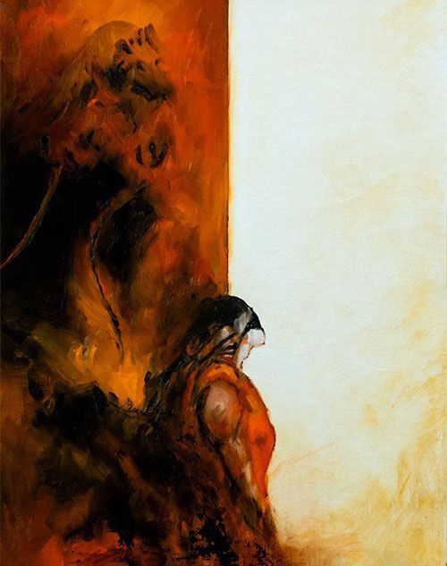 An oil painting, split down the middle. On the left is a red-orange abstraction, on the right is a light yellow bit of clarity. In front of the dividing line is a figure standing between the two divisions.