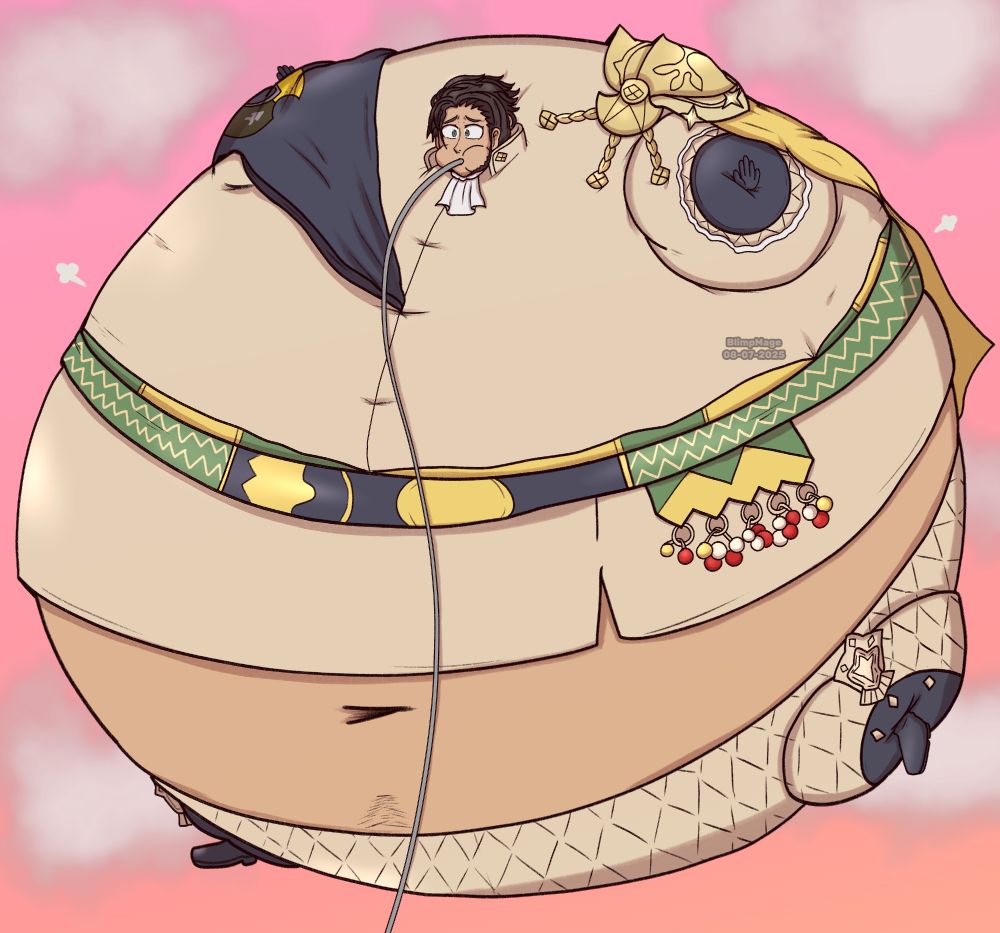 An illustration of Claude von Riegan (timeskip ver.) from Fire Emblem: Three Houses, inflated like a balloon. He has a panicked look on his face as he floats in the air, a tube stuck in his mouth as he expands. 