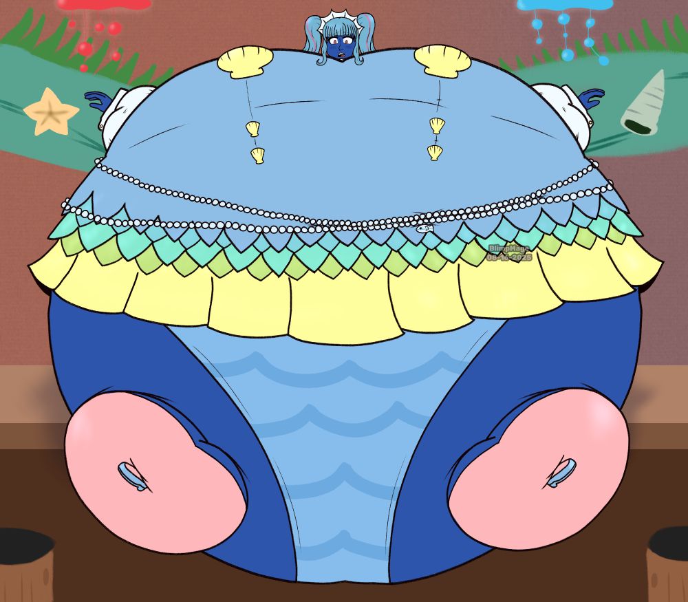 An illustration of Amame Doi from the Somnium Files series. She's inflated like a blueberry in her Memaid outfit at Sunfish Pocket, at an angle that shows off her blue, wavy-patterned panties. Blushing with a nervous expression, she question's the viewer's choice in 'special service'.