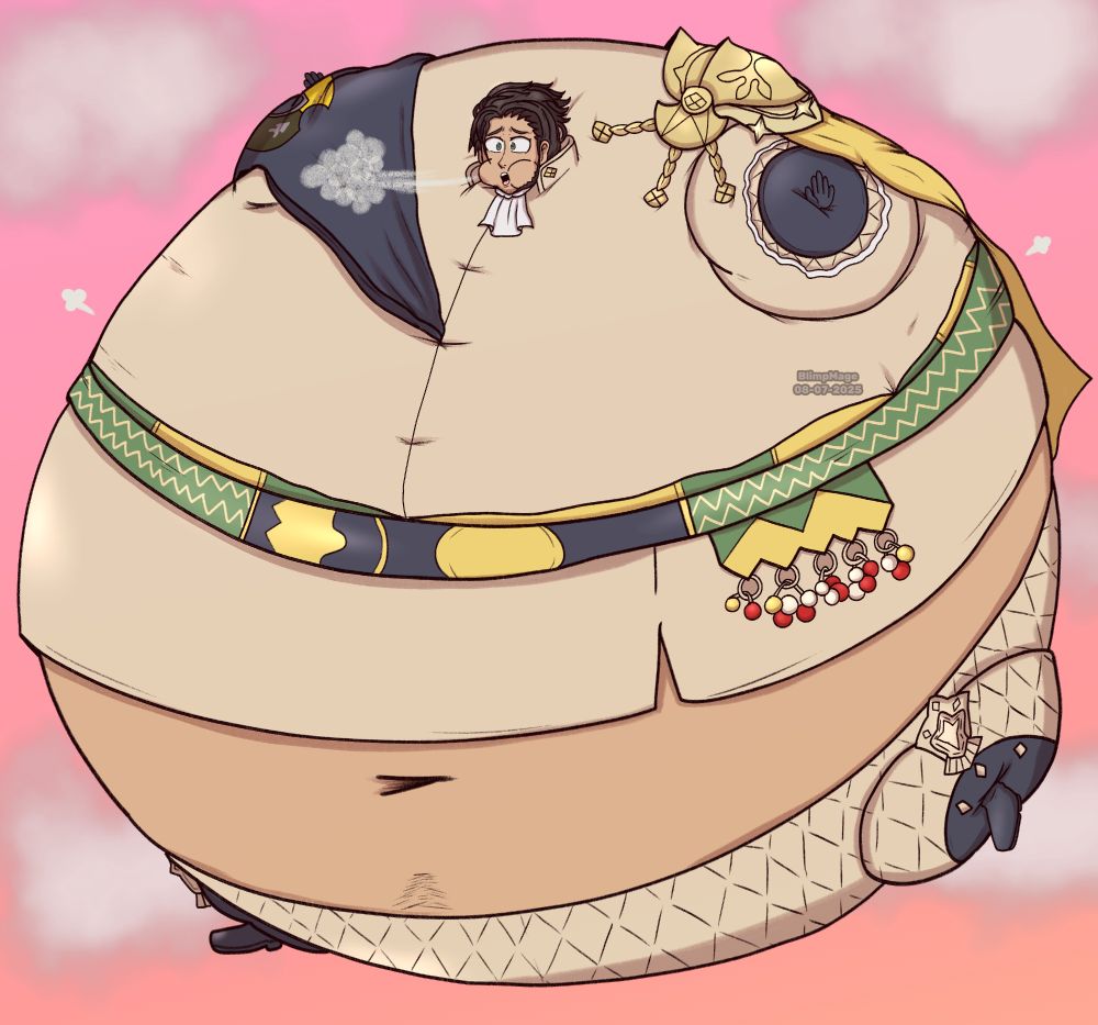 An illustration of Claude von Riegan (timeskip ver.) from Fire Emblem: Three Houses, inflated like a balloon. He has a panicked look on his face as he spits out air from his mouth.