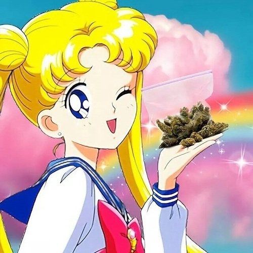 Usagi Tsukino (Sailor Moon's secret identity) smiles and winks to the viewer, holding a big bag of weed
