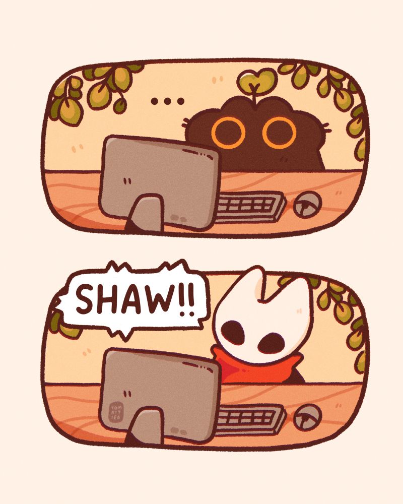 Continuation of the last comic, the top panel of the same black cat sitting silently in front of the computer. The bottom panel the cat has transformed into Hornet from Hollow Knight screaming "SHAW!!"