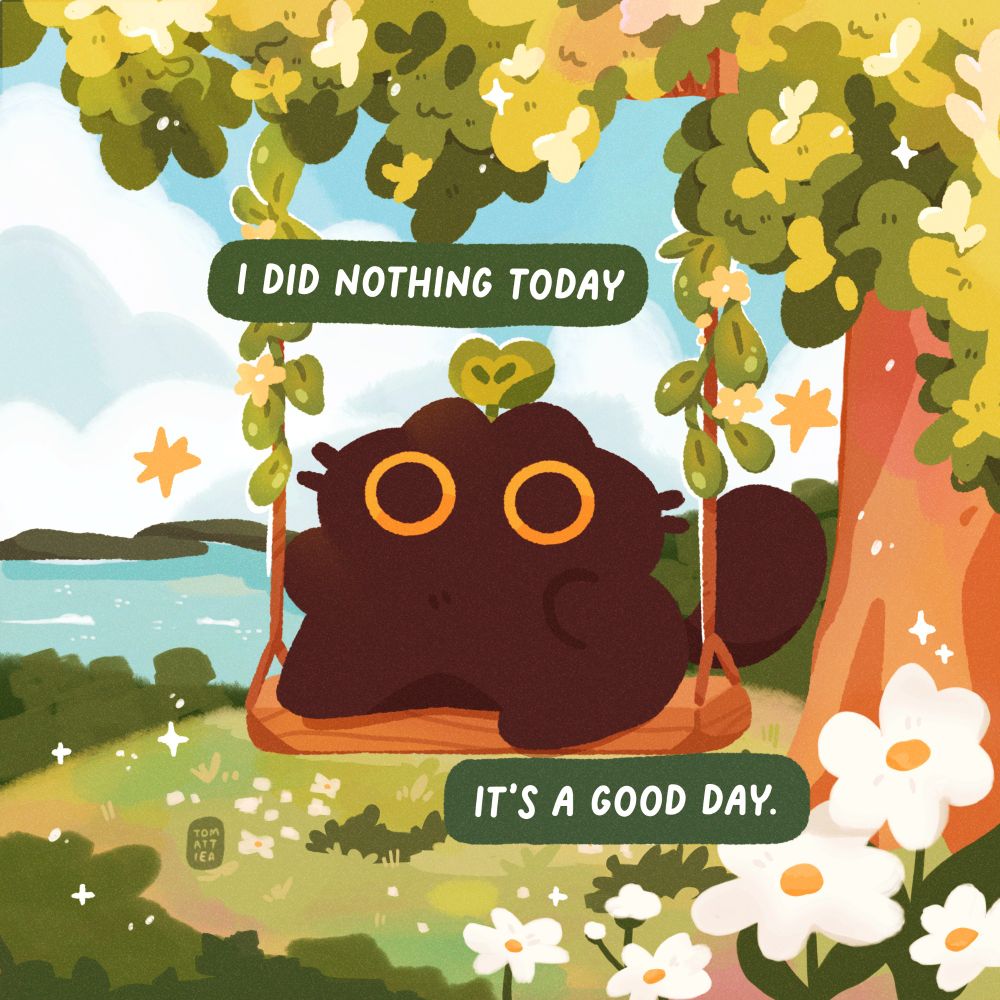 A digital drawing of a black cat on a wooden swing, next to a tree. The caption reads "I did nothing today, it's a good day"