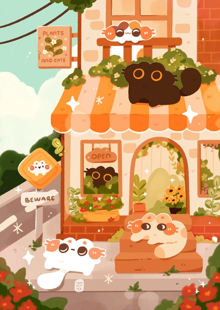 Digital art of a flower shop with cats around the premises 