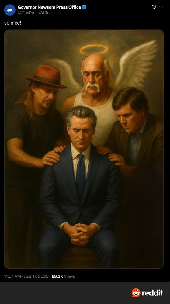 Gavin Newsom surrounded by MAGA spirits 