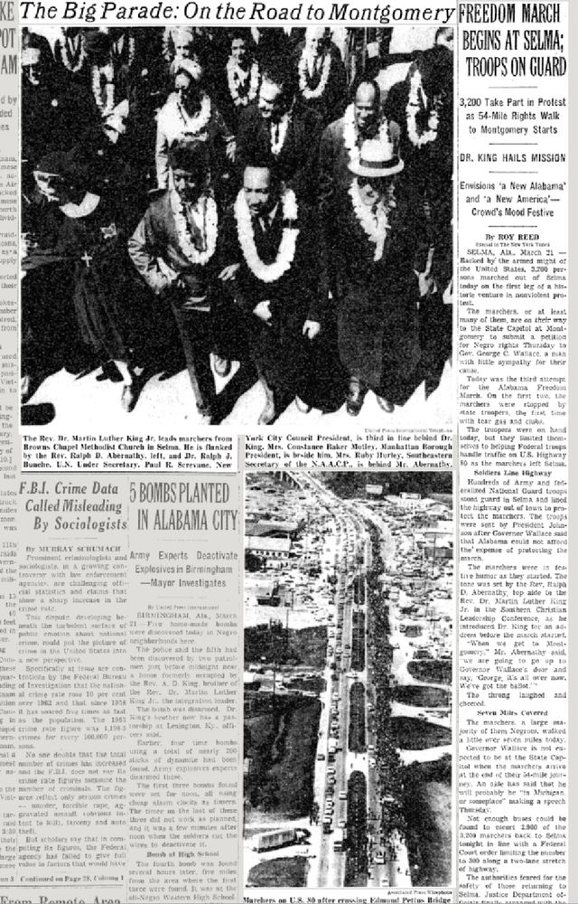 Screenshot of a portion of the March 22, 1965 edition of the New York Times showing articles on the start of the Selma-to-Montgomery march. 