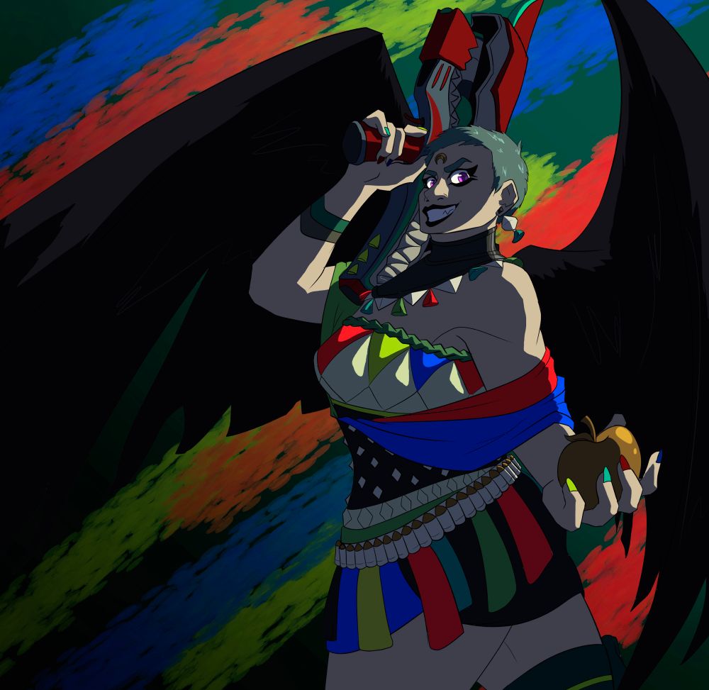 An illustration of Eris from Hades 2, toting her fantasy gun and holding out a golden apple. She is a garishly dressed woman with a messy buzz cut and black wings