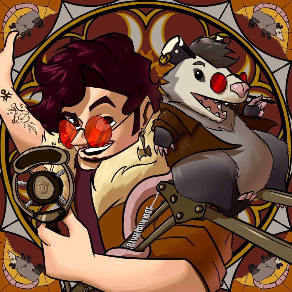 An illustration of a curly-haired masc person in a fluffy jacket dramatically speaking into a vintage mic, accompanied by an opossum with a matching outfit