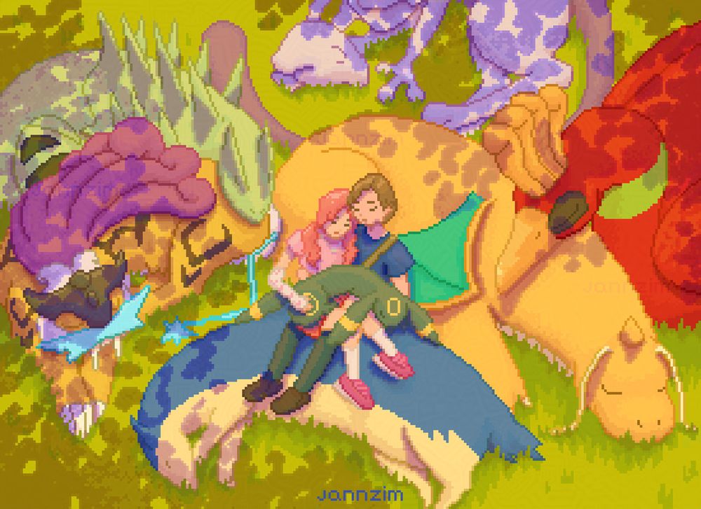 A fanart of a Pokemon Team from Pokemon Heartgold with 7 pokemon and two trainers sleeping. You can see Mewtwo, Ho-Oh, Dragonite, Tyranitar, Raikou, Umbreon and Typhlosion. Everything is in Pixel Art.
