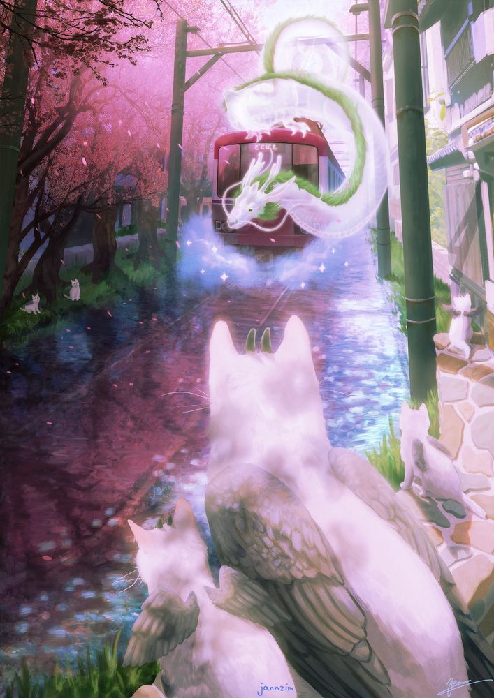 A digital painting of a train approaching, with a japanese dragon spirit on top. There are white cat spirits with wings surrounding the scenery. Cherry Blossom trees are surrounding everything.