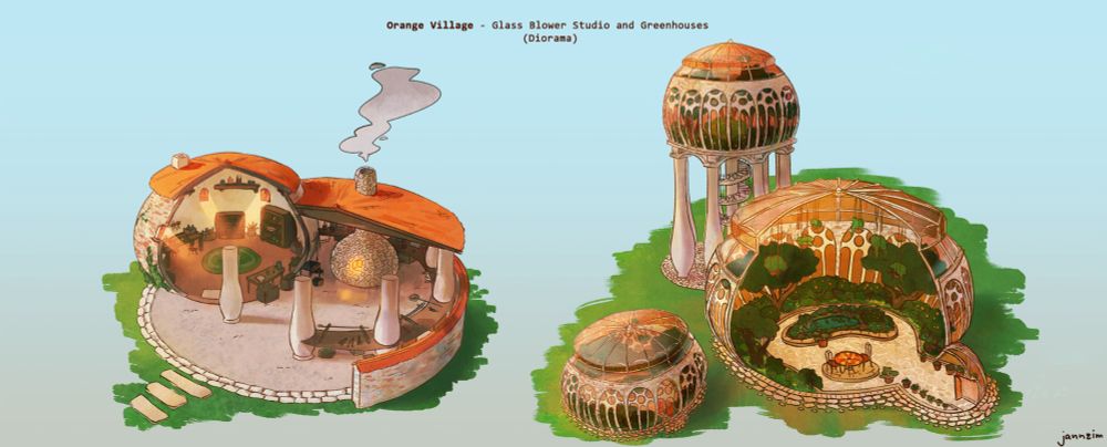 Mediterranean house for a greenhouse and forge concepts with round orange rooftops 