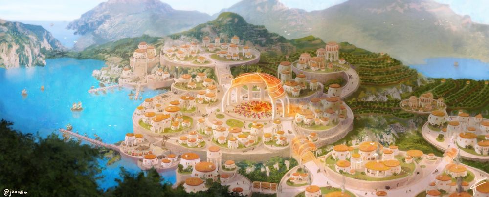 Fullshot over a Mediterranean city with round houses, set in a mountainscape near the ocean.