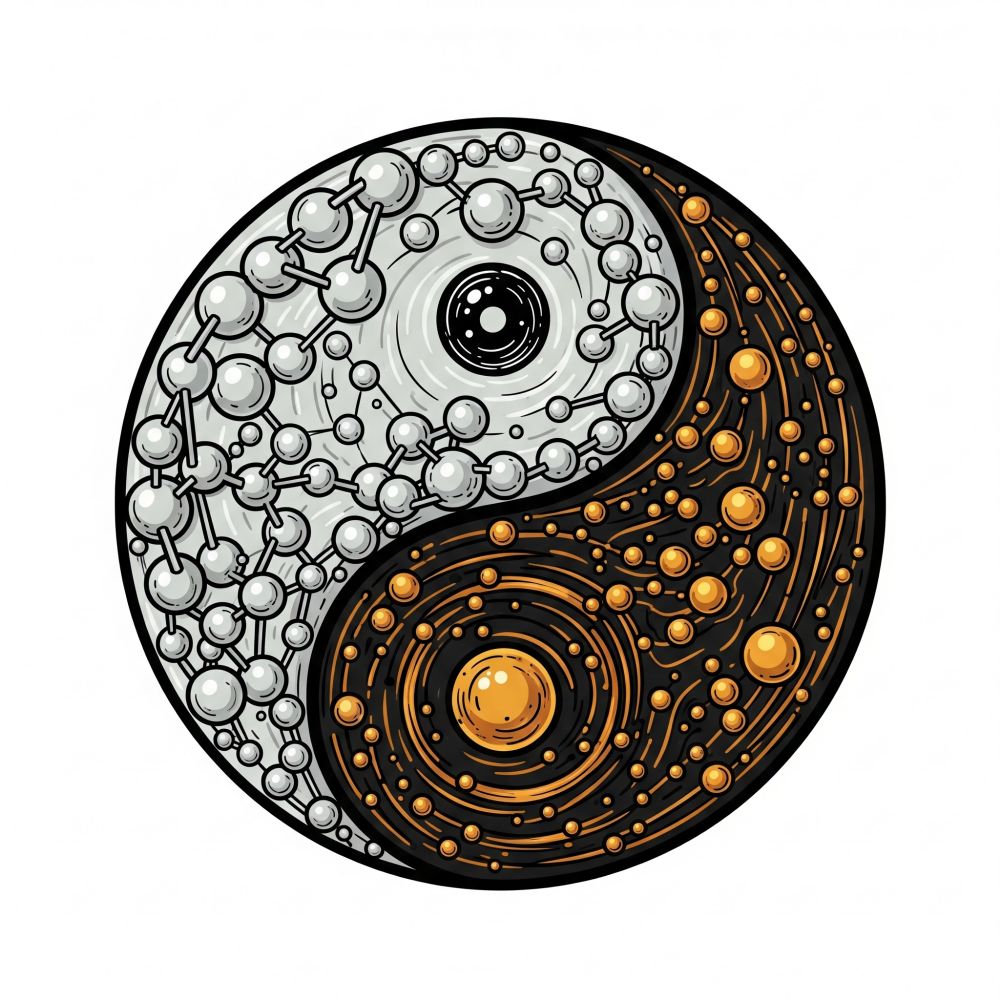 An pictorial representation of a yin yang superconductor, where the ying is a strongly correlated electron fluid and the yang a weakly correlated but coherent electron fluid. Each characteristic comes from a different copper-oxide layer!