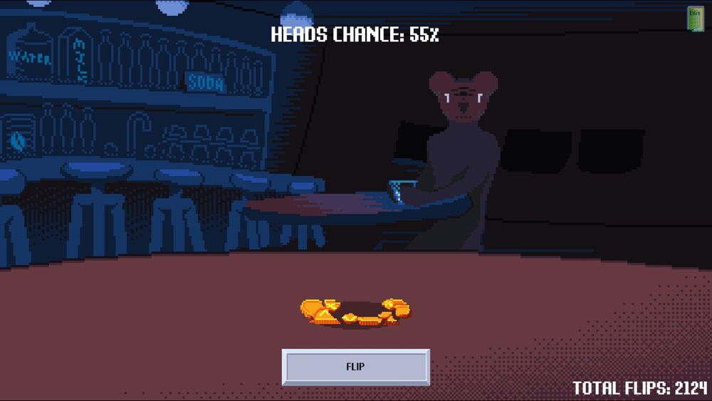 A screenshot of the results screen for the game Unfair Flips, showing the shattered destroyed remains of a coin laying on a table. The background is a bar scene featuring a character wearing a mask. Heads chance: 55%, total flips: 2124