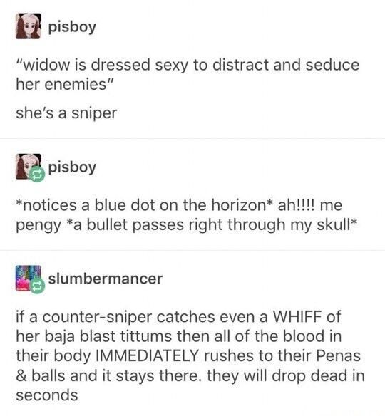 A screenshot of a post thread on Tumblr
pisboy: "widow is dressed sexy to distract and seduce her enemies" she's a sniper
pisboy: *notices a blue dot on the horizon* ah!!!! me pengy *a bullet passes right through my skull*
slumbermancer: if a counter-sniper catches even a WHIFF of her baja blast tittums then all of the blood in their body IMMEDIATELY rushes to their Penas & balls and it stays there. they will drop dead in seconds