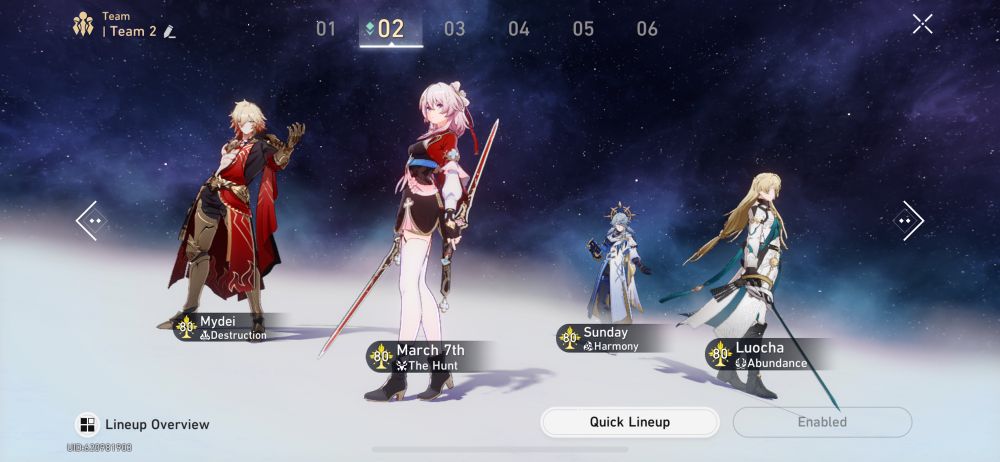 HSR team lineup consisting of Mydei, Hunt March 7th, Sunday, and Luocha