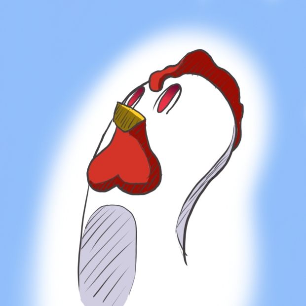 A cartoon chicken is looking up at the corner of the screen