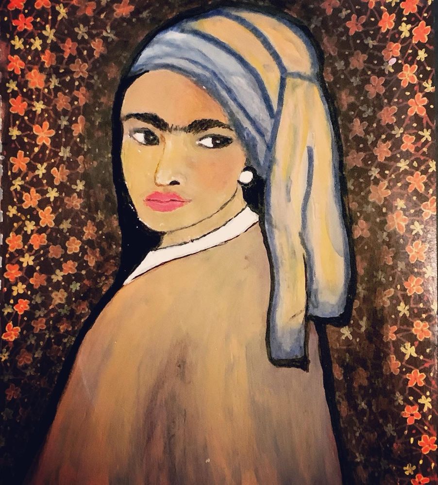 Original painting of Frida Kahlo as The Girl With a Pearl Earring 