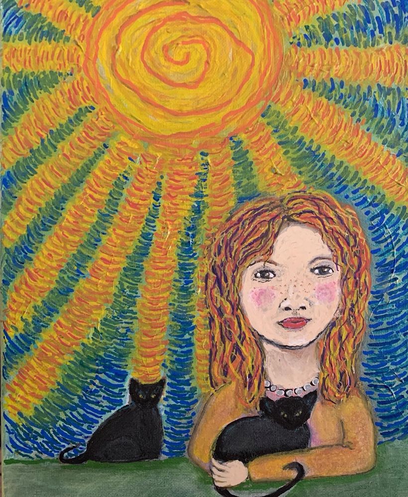 In the style of Van Gogh, young person holding one of two black cats in the vibrant sun