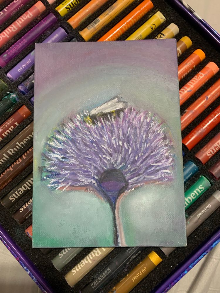 Oil pastel of thistle plant with a bee. Available