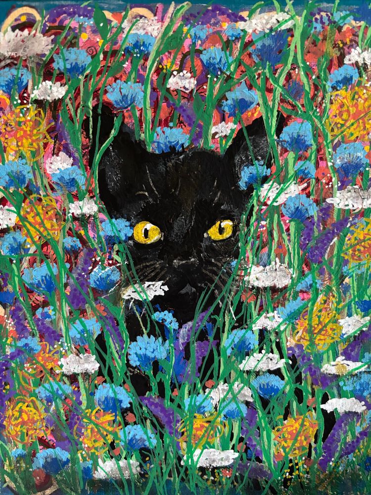Black cat hiding in field of wildflowers. Original painting