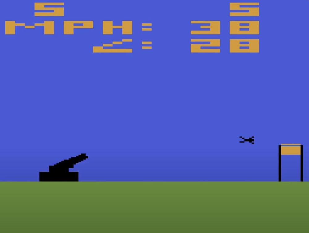 Screenshot of Human Cannonball for the Atari 2600, with doomed guy flying through the air