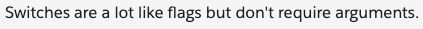 Screenshot that reads “Switches are a lot like flags but don’t require arguments”