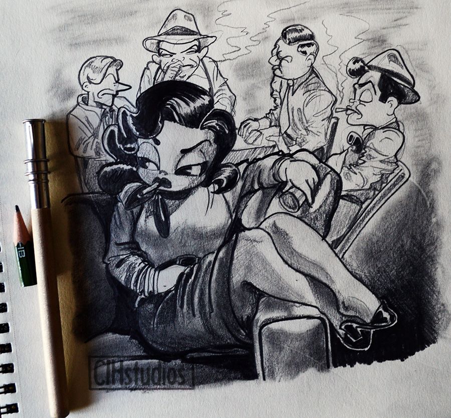 Sketch of a gangster moll with four unsavory mugs playing cards in the background.