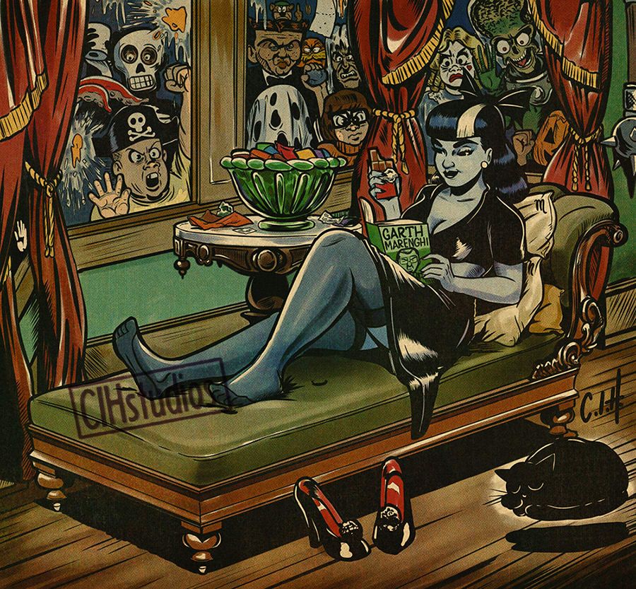 Portrait of a ghoulish dame eating candy in broad view of a gaggle of angry trick-or-treaters.