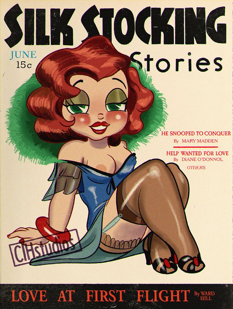 Cartoon redraw of a vintage Silk Stocking Stories magazine cover.