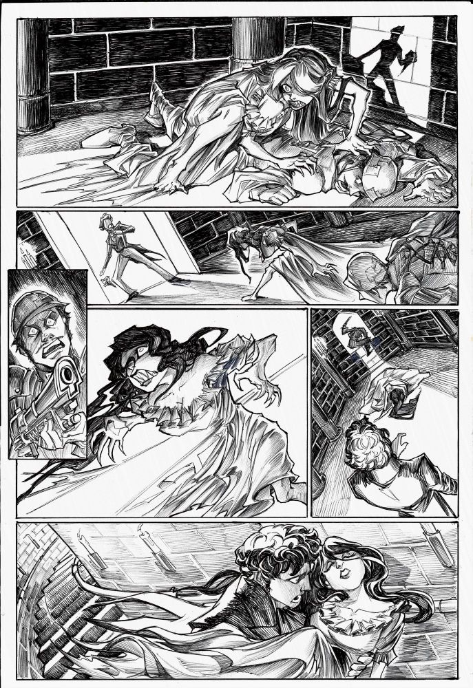 Comic page inks - inked and hatched with ballpoint pen - showing a young girl with teeth and claws being shot by a soldier, and getting carried away by a young man - negative space competition