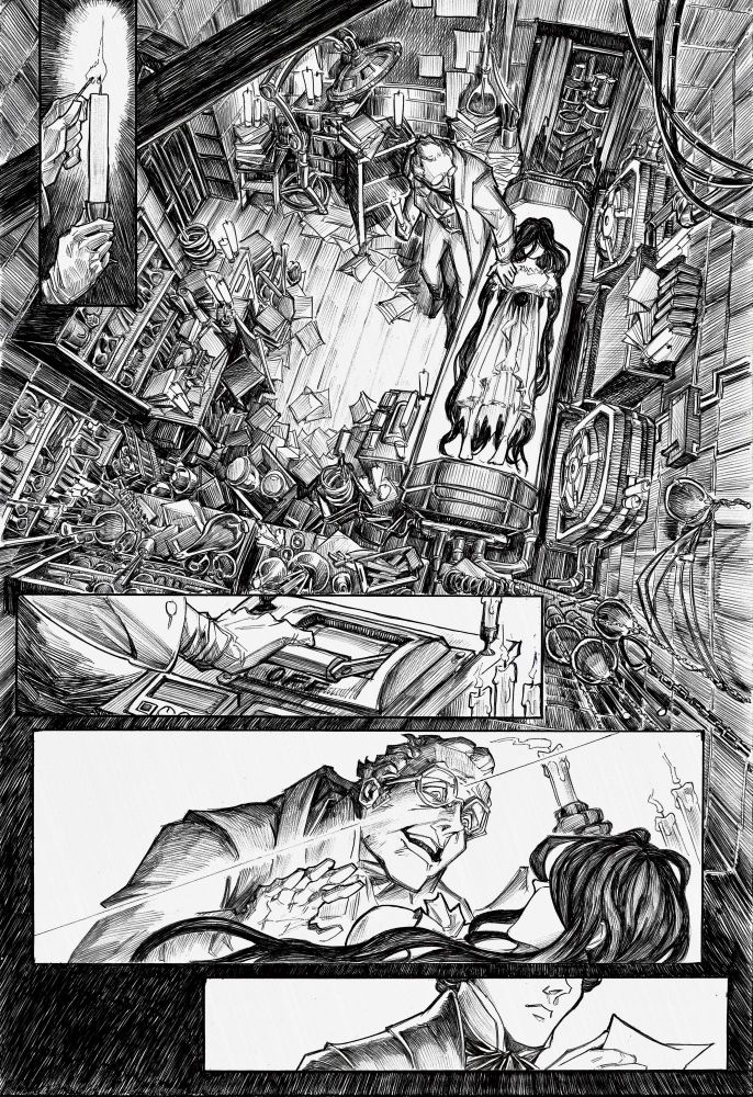 Comic page inked in ballpoint pen of a scientist in a lab looking over a girl in a cyrochamber