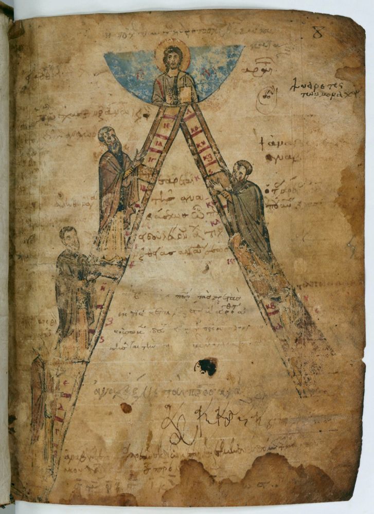 fol. 8r: manuscript page with diagram of an A-frame ladder with monks ascending towards a Christ Pantocrator in a blue heaven at the peak